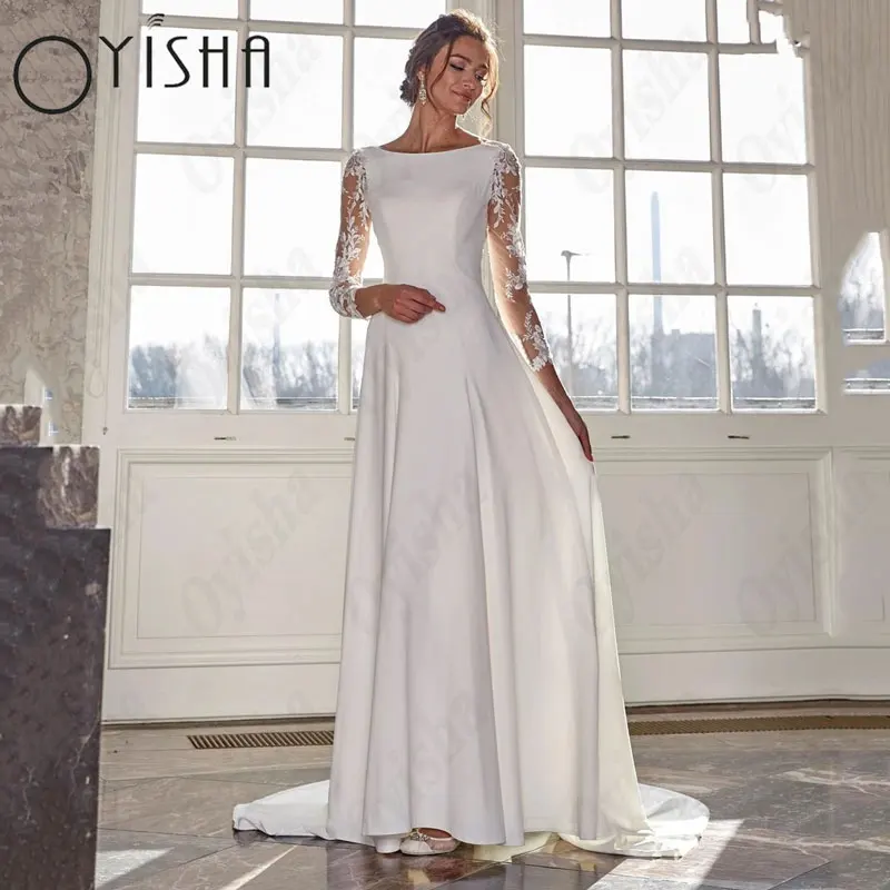 OYISHA Scoop A-Line Wedding Dresses Elegant Long Sleeves Satin Appliques Bridal Gowns Exquisite Lace Classic Vestido De Mariages