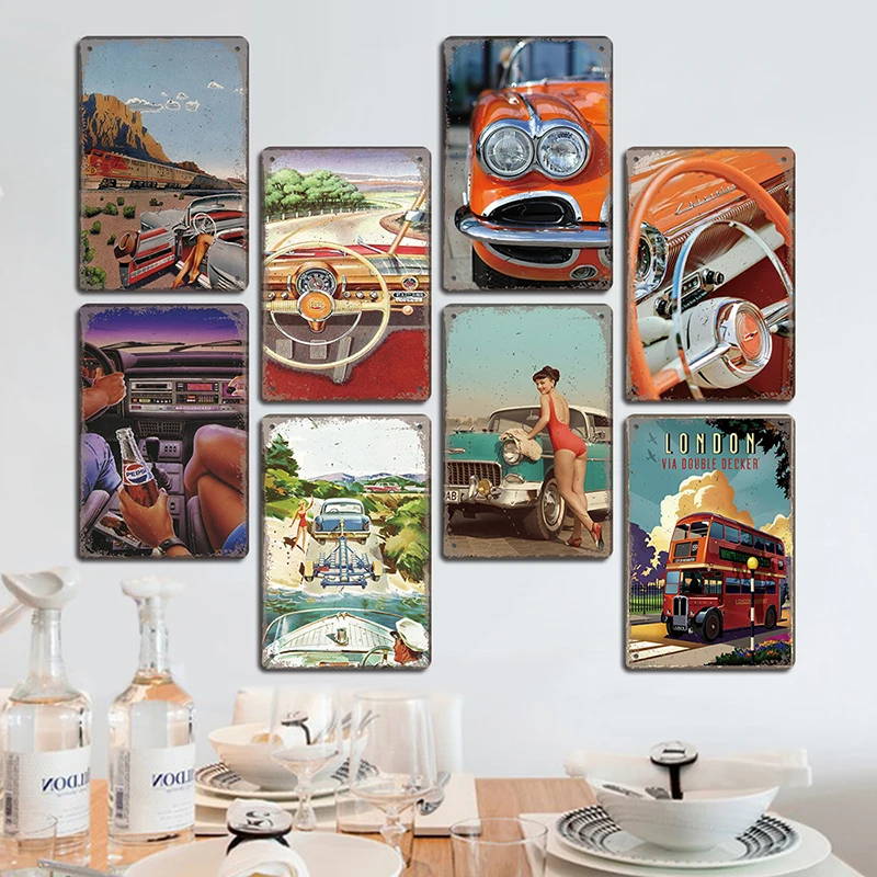 Retro Car Bus Beauty Poster Vintage Metal Plaque Signs Grand Prix Automobile Metal Tin Plate Garage Bar Pub Home Wall Decor