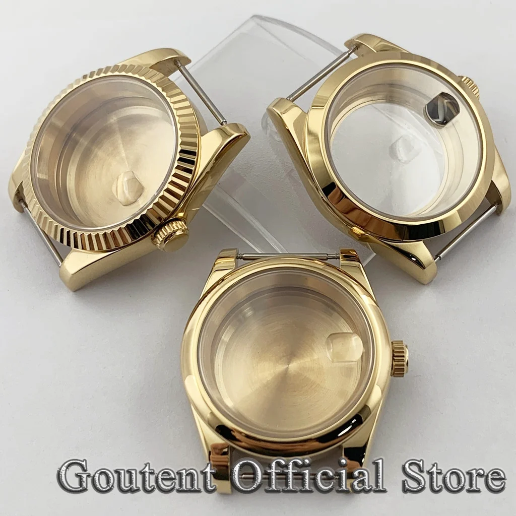 Goutent Men's Gold Sapphire Glass Watch Case 36mm 39mm Fit PT5000 NH34 NH35 NH36 ETA 2824 ST2130 Movement smile