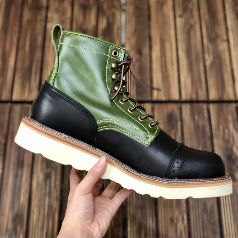 New Handmade Round Toe Vintage British Men White Cow Leather Shoes Autumn Winter Ankle Boots Work Tooling Motorcycle Boots Mixed