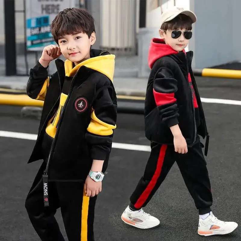 2023 winter Boys tracksuit Autumn Toddler Teenager Clothes vest velvet jacket + Sweatishrt hooded + Pant Children Kids 4 12 year