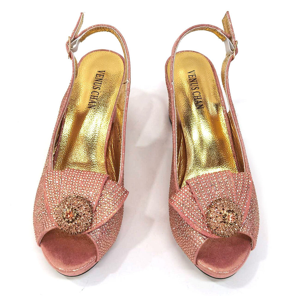 Venus Chan Latest Ladies Thin Heels Shoes and Bag Set Decorated with Rhies in Peach Color For Women Party Pump
