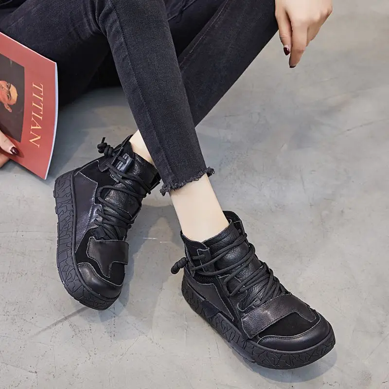 CXJYWMJL Cowhide High Top 2025 Sneakers Women new Autumn Winter Casual Vulcanized Shoes Genuine Leather Ladies Platform Sneakers Lace-up