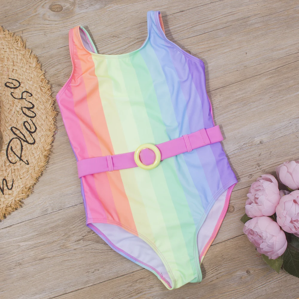 7-14 Years Rainbow Print Kids Girls One Piece Swimsuit Children Baby Summer Swimwear Monokini With Belt Brand Child Bathing Suit