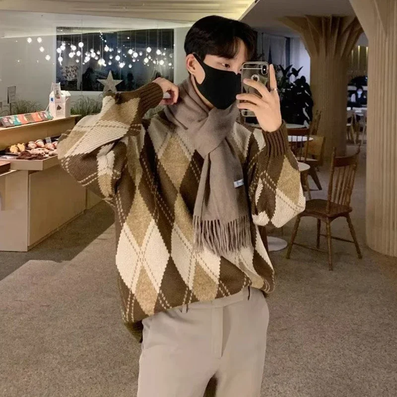 HOUZHOU Argyle Sweater Pullover Men's Christmas Grandpa Sweater Korean Casual Vintage Retro Clothes Autumn Streetwear Harajuku