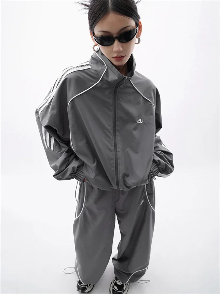 Y2K Gorpcore Pant Sets Women Streetwear Vintage 90s Two Piece Set Oversized Tracksuit Wide Leg Track Pants Hip Hop Jacket