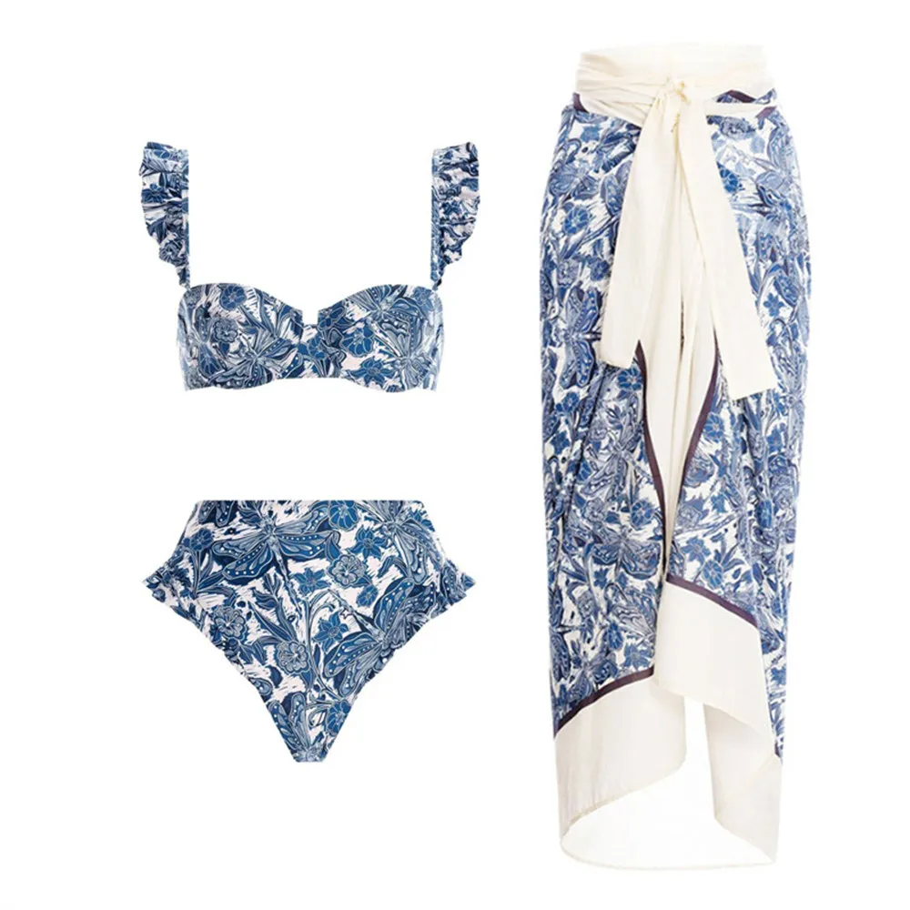 Designer 2023 Women Sexy blue-and-white porcelain Print Bikini Set Skirt Cover Up Swimwear Lace Up Swimsuit Beachwear Biquini