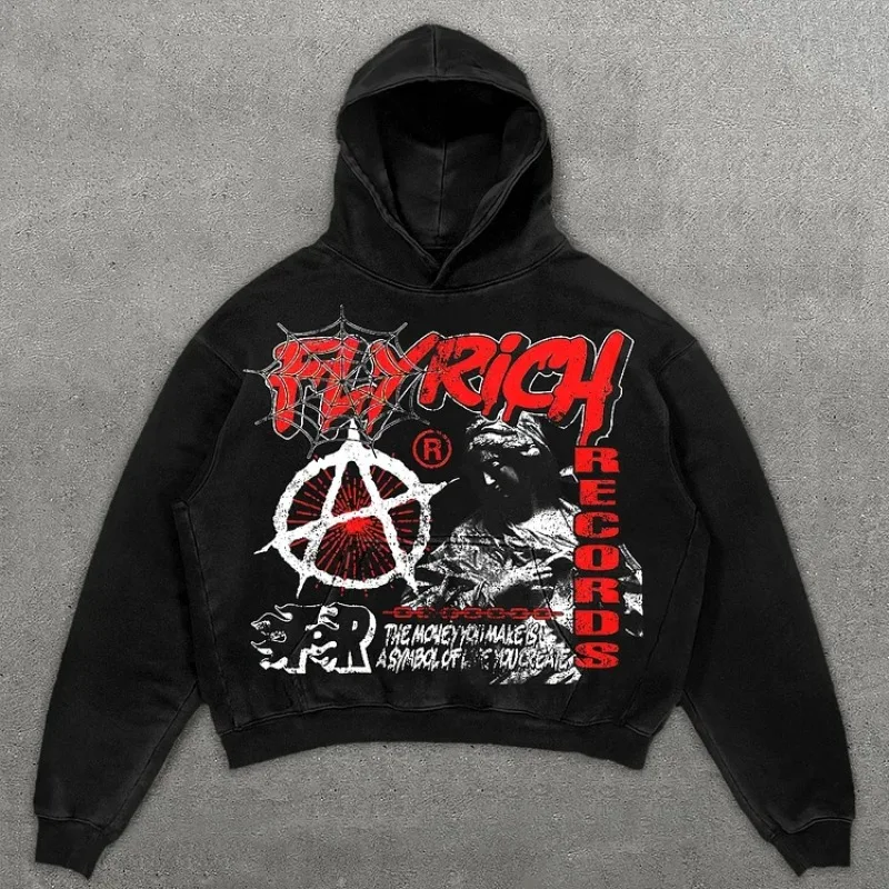 Y2K Hoodie Sweatshirt Mens Hip Hop Mummy Fly Get Rich Vintage Graphic Print Hoodie Sweatshirt Harajuku Gothic Pullover Hoodie