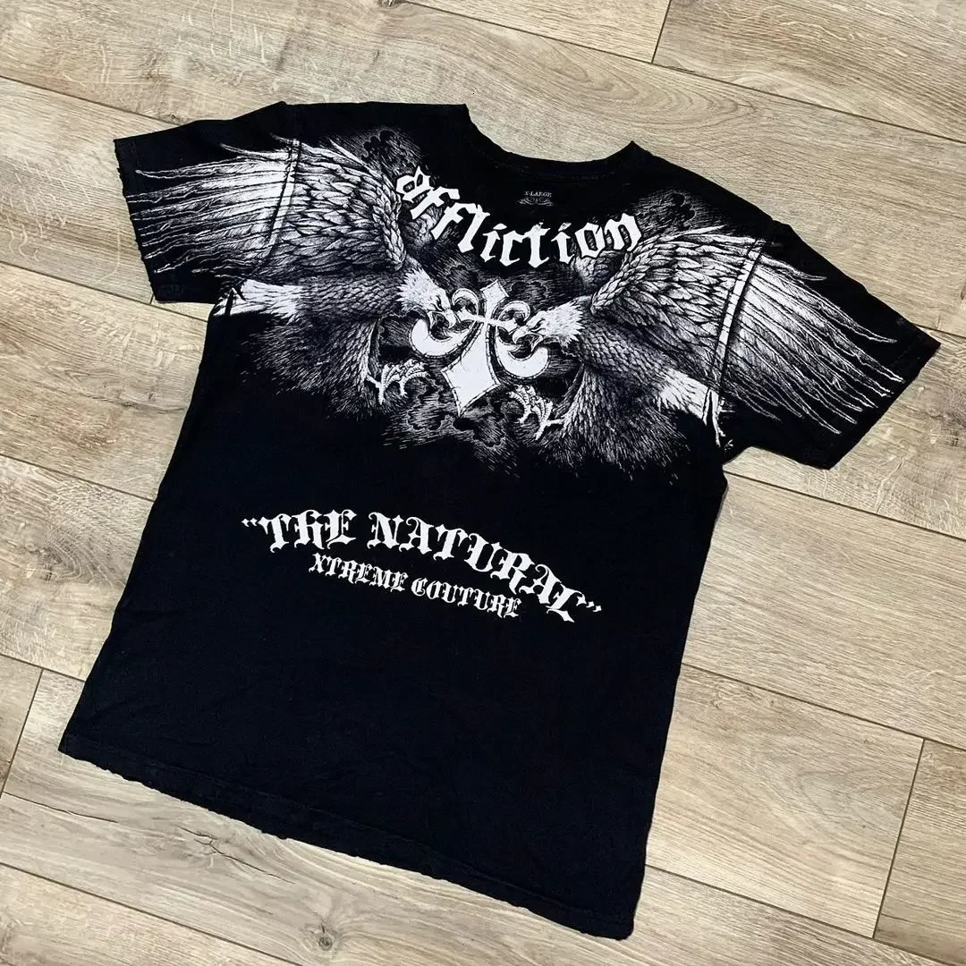 Gothic Retro T Shirt Men Y2K Harajuku Hip Hop Pattern Printed Round Neck American Street Rap Women Cotton Short Sleeve 240327