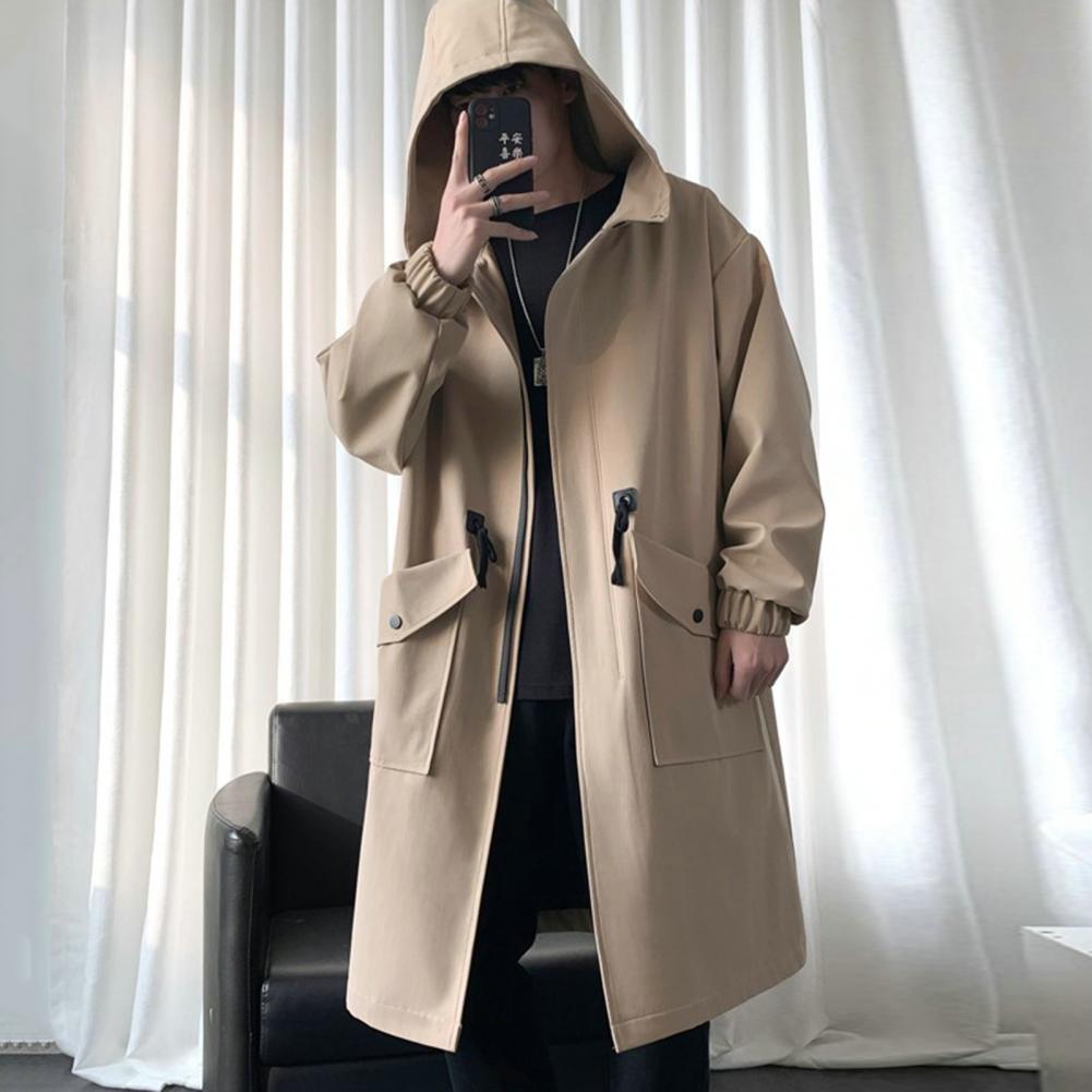 Long Trench Coat Jacket Men Cotton Autumn Spring Black Hip Hop Japanese Coats Streetwear Men's Hooded Army Green Casual Jackets
