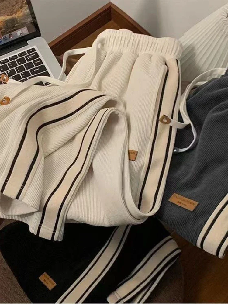 HOUZHOU Vintage Corduroy Sweatpants Baggy Women Harajuku Wide Leg Trousers Korean Streetwear Female Casual Straight Winter Pants