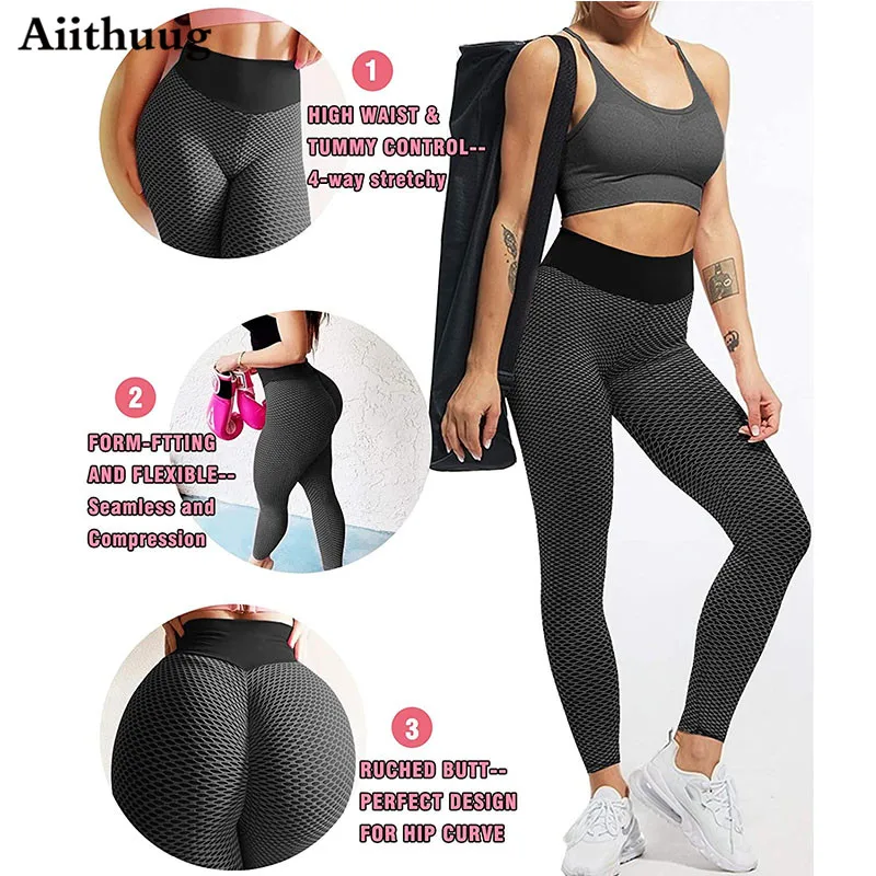 Aiithuug High Waist Yoga Pants Tummy Control Slimming Textured Booty Leggings Running Workout Ruched Butt Lift Pants Women