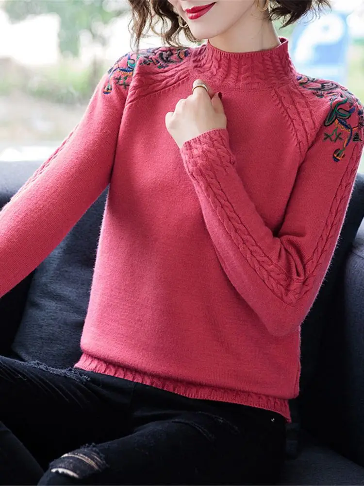 2023 Korean New Autumn Winter Women Slim Turtleneck Sweater High Quality Retro Embroidery Knitted Pullover Basic Sweater ZY7021