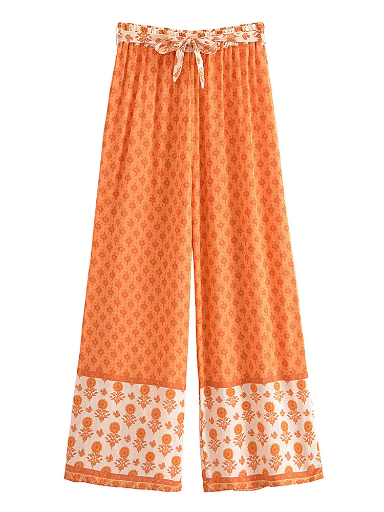 Vintage Chic new Women Floral Print Bohemian Wide Leg Pants Lady Gothic Elastic Waist Loose Rayon 2025 Boho Long Pants Oversize Trousers