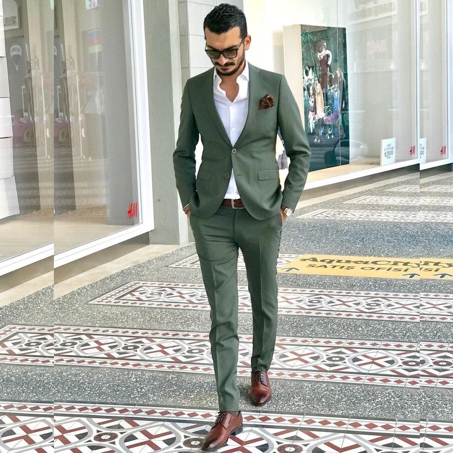 Skinny Men 2025 Suits Green Full Set Single Breated Peaked new Lapel Skinny 2 Piece Jacket Pants Chic Blazer Office Male Clothing Tailor