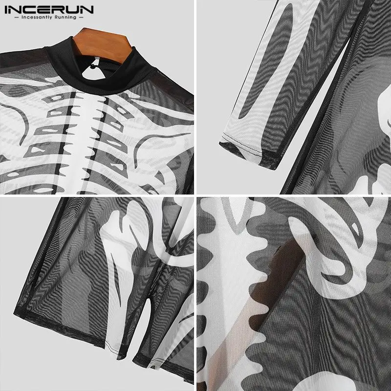 Mesh Rompers 2023 Men's Transparent Turtleneck Long Sleeve Sexy Bodysuits Printing Homewear Male Pamas Jumpsuits S-3XL INCERUN smile