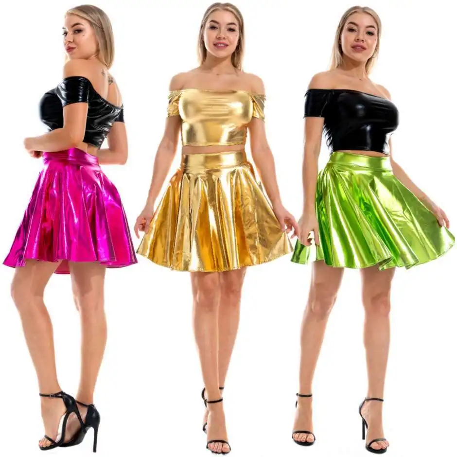 Sexy Lady Faux Leather Waist Sier Gold Pleated High Street Shiny Club Mini Skirt