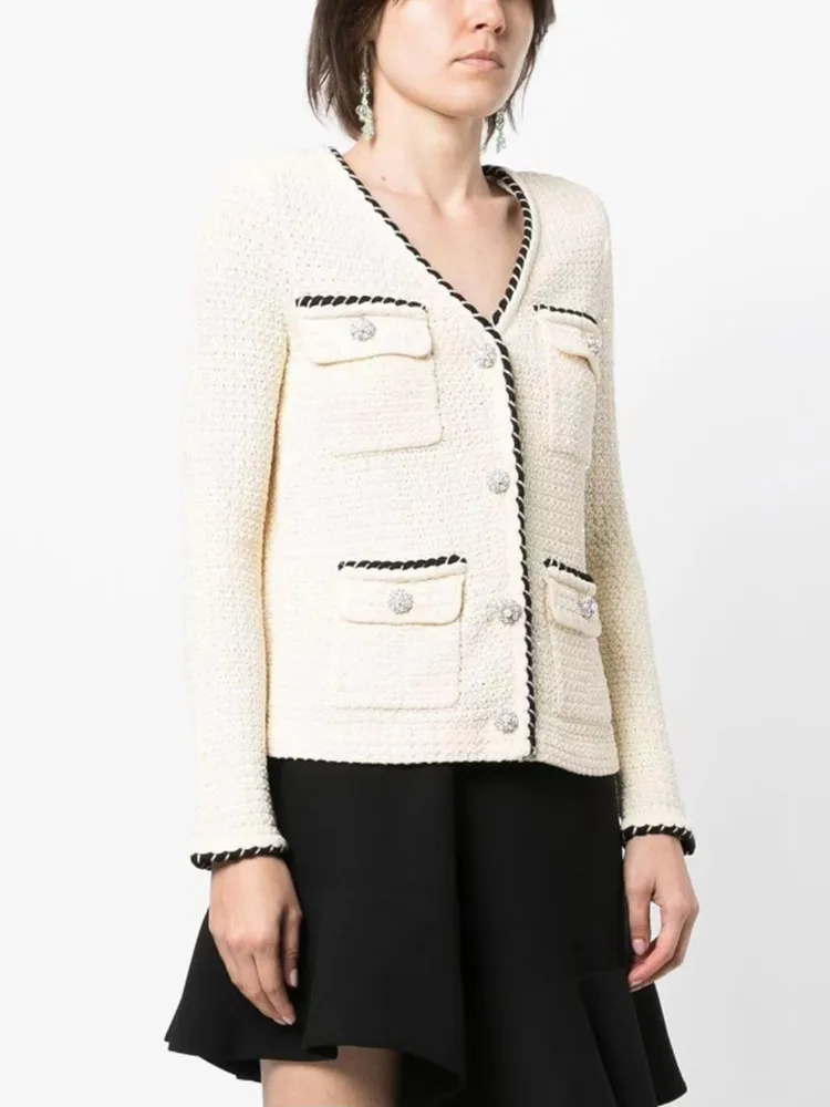 Women's Loose Knit Cardigan V-Neck Temperament 2023 Early Spring Female Long Sleeve Multiple Pockets Sweater with Pearl Buttons