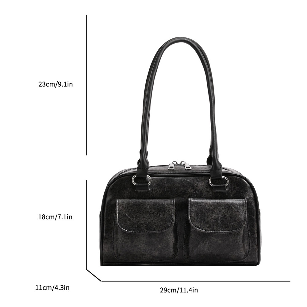Women Small Casual Handbag Double Pocket PU Single Shoulder Bag Solid Color Simple Commuting Bag Large Capacity Retro Handbag