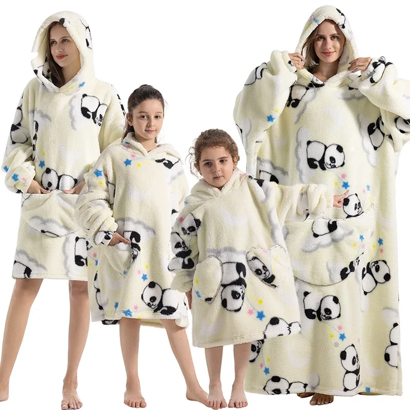 Super Long Oversized Winter Sherpa Blanket Plush Flannel Warm Family Matching Hoodie Halloween Homewear Avocado Women Sweatshirt