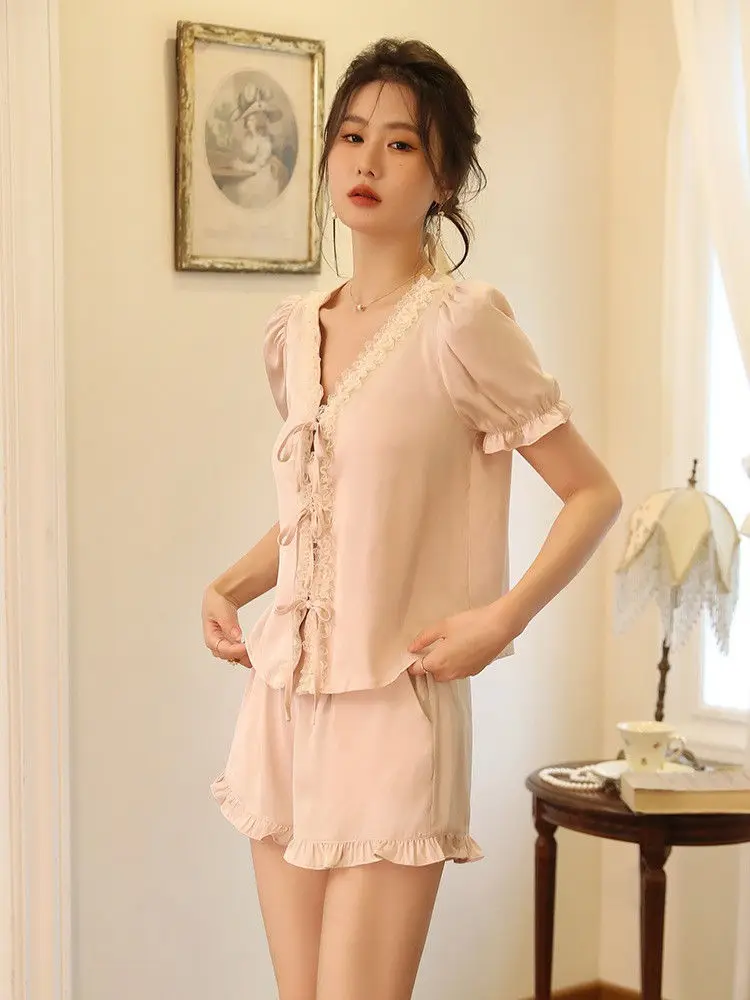 Summer French Style Lace Trim Romatic Women Pajamas Set Female V-neck Silk Stain Home Suits Lantern Sleeves Ruffles Sleepwear