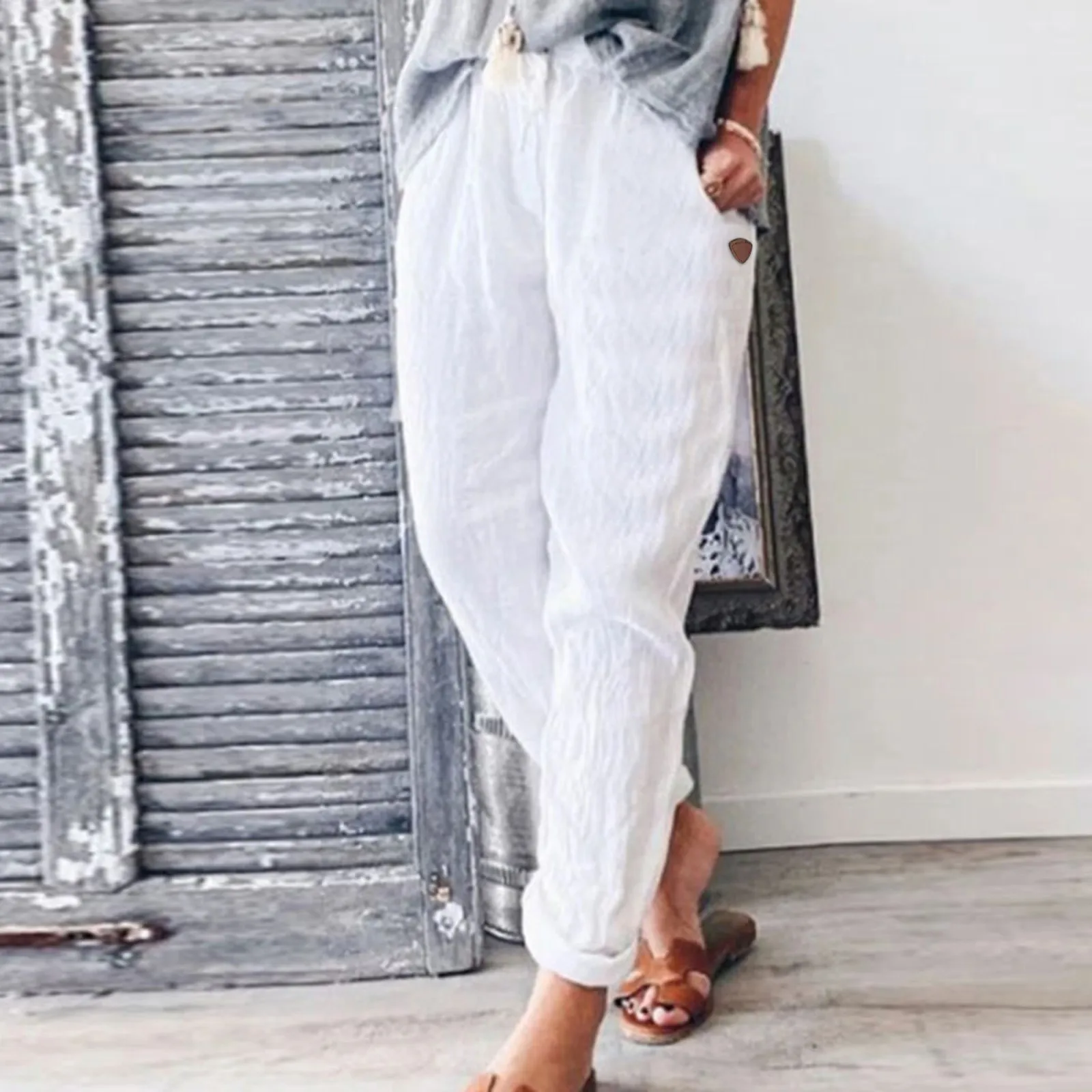 Women Solid Linen Trouser Casual Baggy Elastic Mid new Waist Wide Leg Plus Size Loose Sweat 2025 Pants For Women Outfits