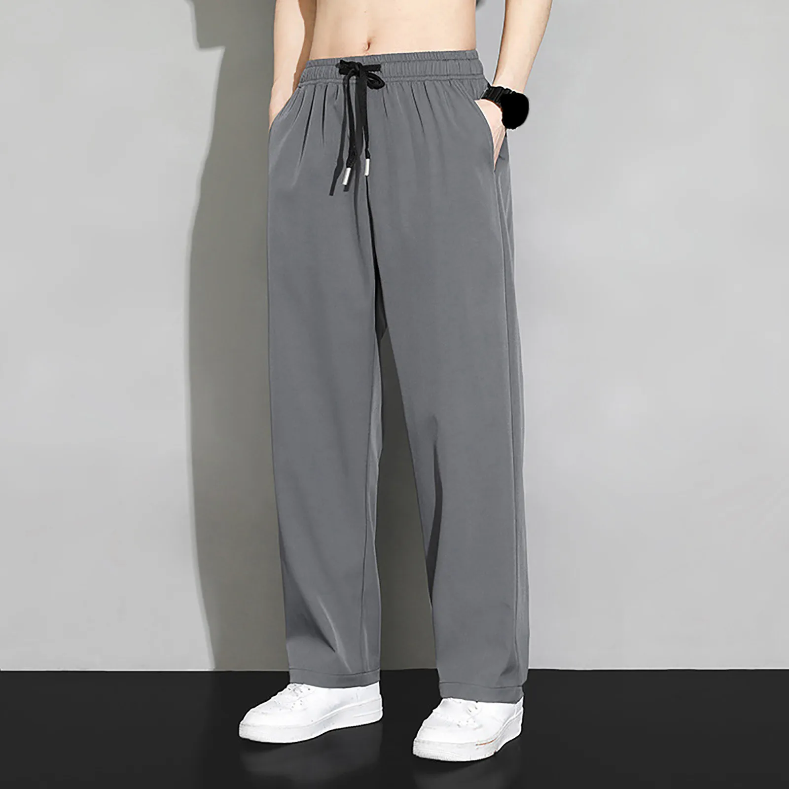 Casual Pant Men Solid Baggy Wide Leg Pants Ankle Length Elastic Waist Loose Straight Trousers Men Tracksuit Bottoms Large Szie