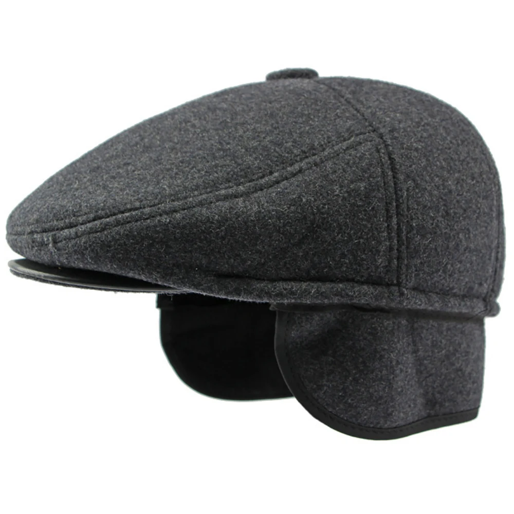 HT4287 Thick Warm Winter Caps for Men Solid Black Grey Ivy Newsboy Flat Cap Male 5 Panels Beret Hat with Ear Flaps Beret Caps