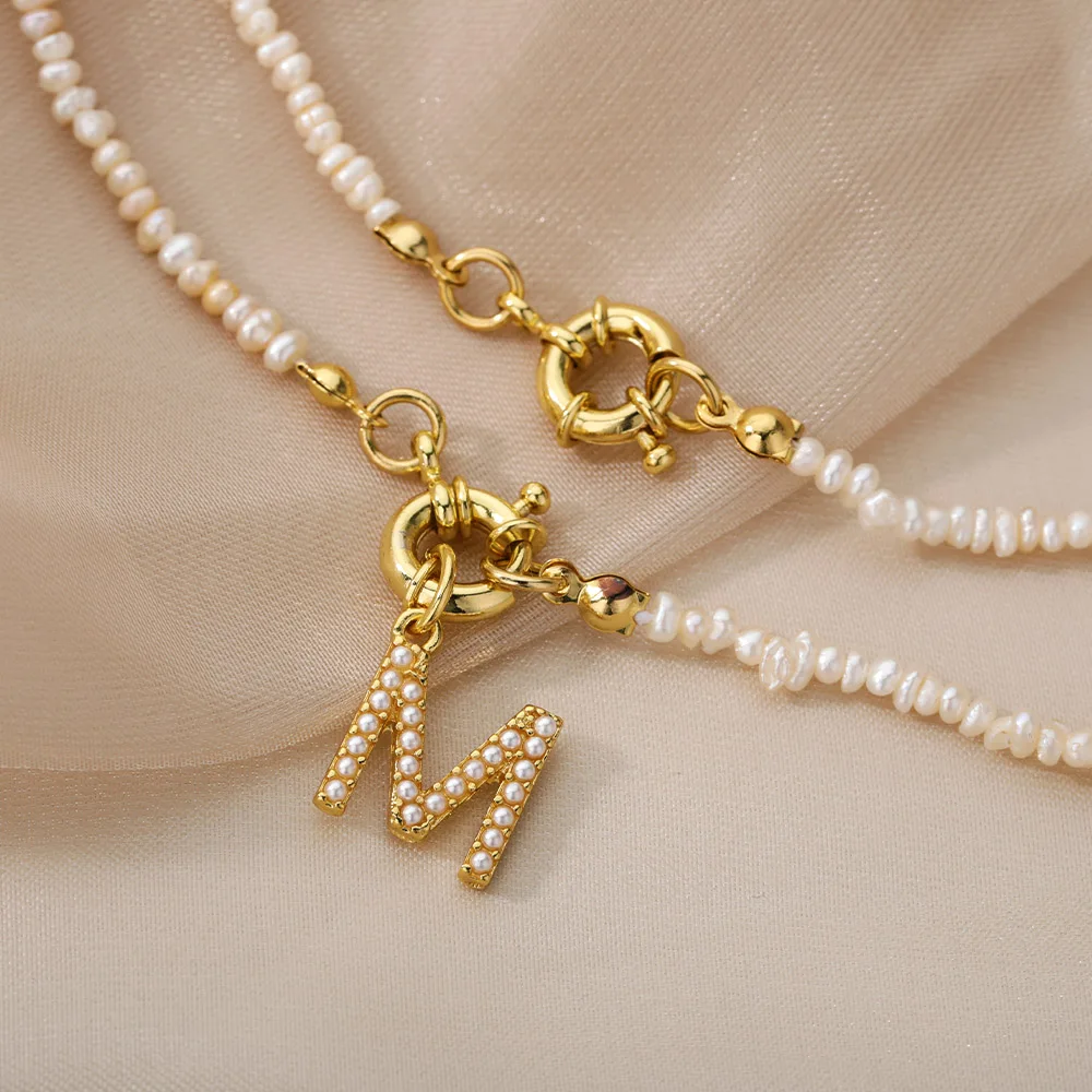 A-Z Letter Pearl Necklace For Women Natural Baroque Freshwater Pearls Irregular Initial Necklaces Choker Aesthetic Party Jewelry