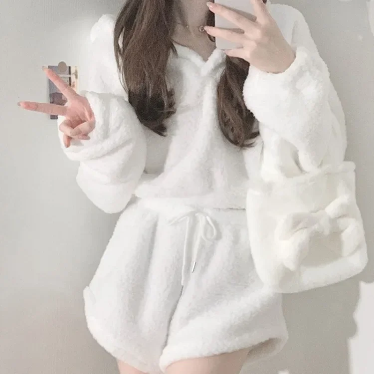 Korean Fluffy Long Sleeve Polar Fleece Hooded Tops Women+ Y2k E-Girl High Waist Shorts 2024 Winter New Two Piece Sets