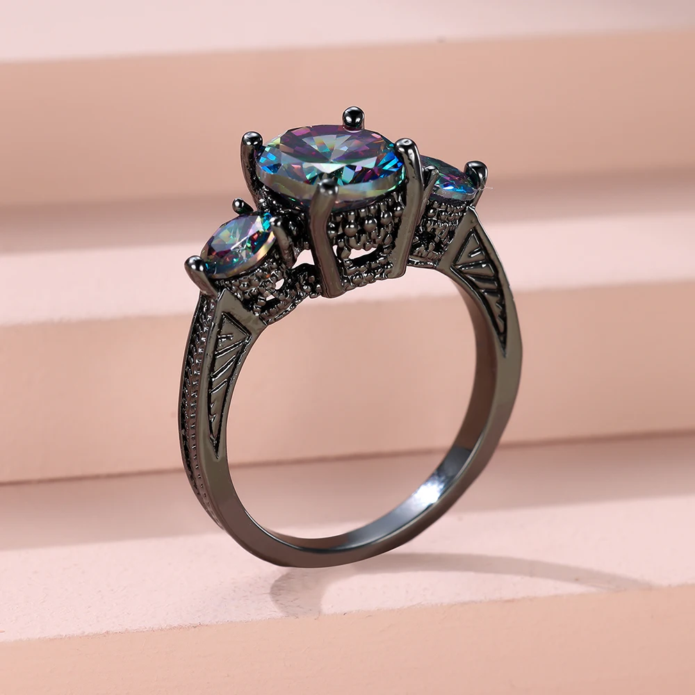 Mystic Rainbow Fire Zircon Round Wedding Bands Black Gold Color Vintage Female Promise Engagement Rings For Women Party Jewelry