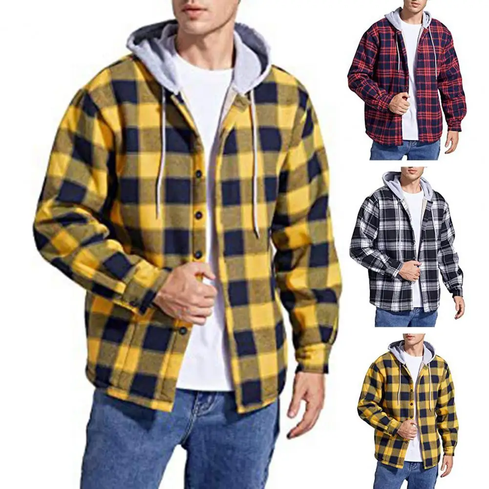 Hooded Jacket Stylish Men's Plaid Pattern Coat Fleece Lined Hooded Cardigan with Drawstring Long Sleeve Loose Fit Outwear Men