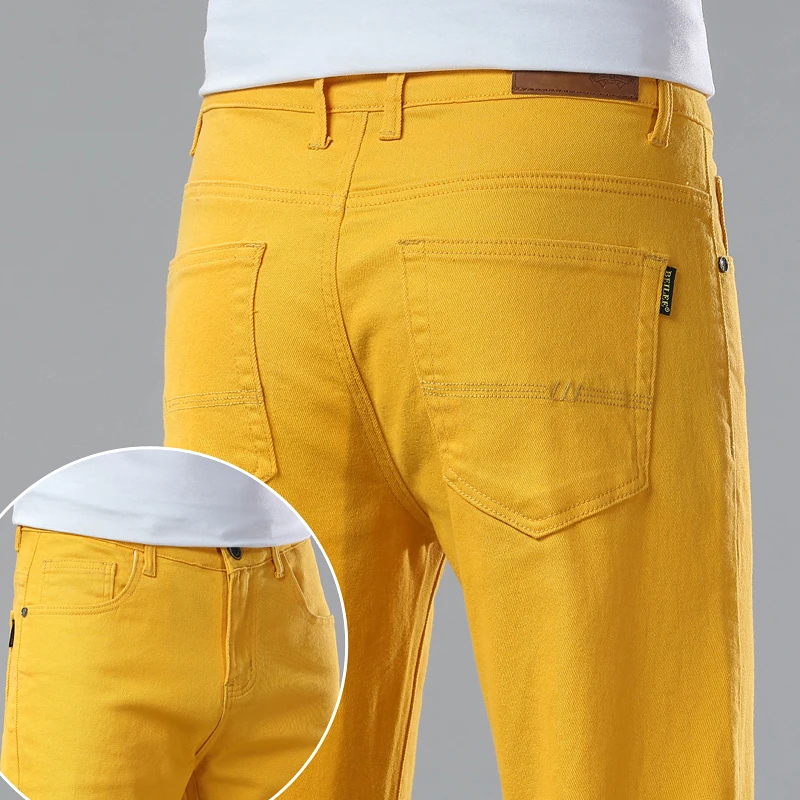 Trendy Men Handsome Denim Jeans Straight Slim Casual Pants Red Yellow Pink Solid Color Party Hip Hop Brand Dropship