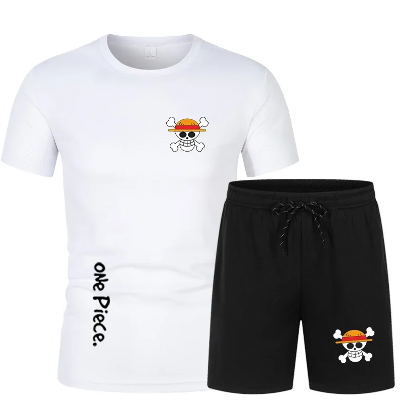 Summer Men's Kawaii Japanese Anime One Piece Sportswear Shorts Set Short Sleeve Breathable Grid T-Shirt & Shorts Casualwear