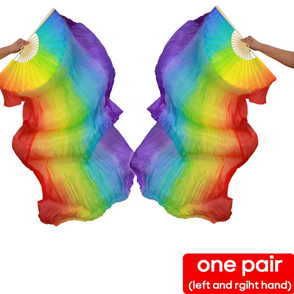 Belly Dance Rainbow Color Silk Fan 1 Pair Gradient Color Dancer Practice Long 120cm 150cm 180cm Real Silk Veil Fans