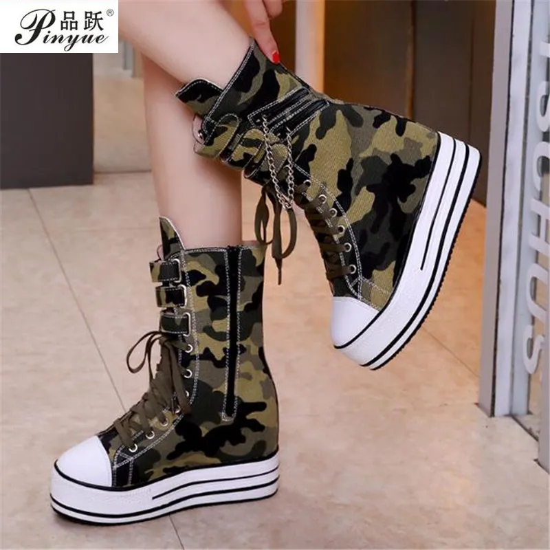 Brand New Chains High Heels Height Increasing Black Camouflage Gothic Style Skidproof Platform Casual Sneakers Shoes Boots Women