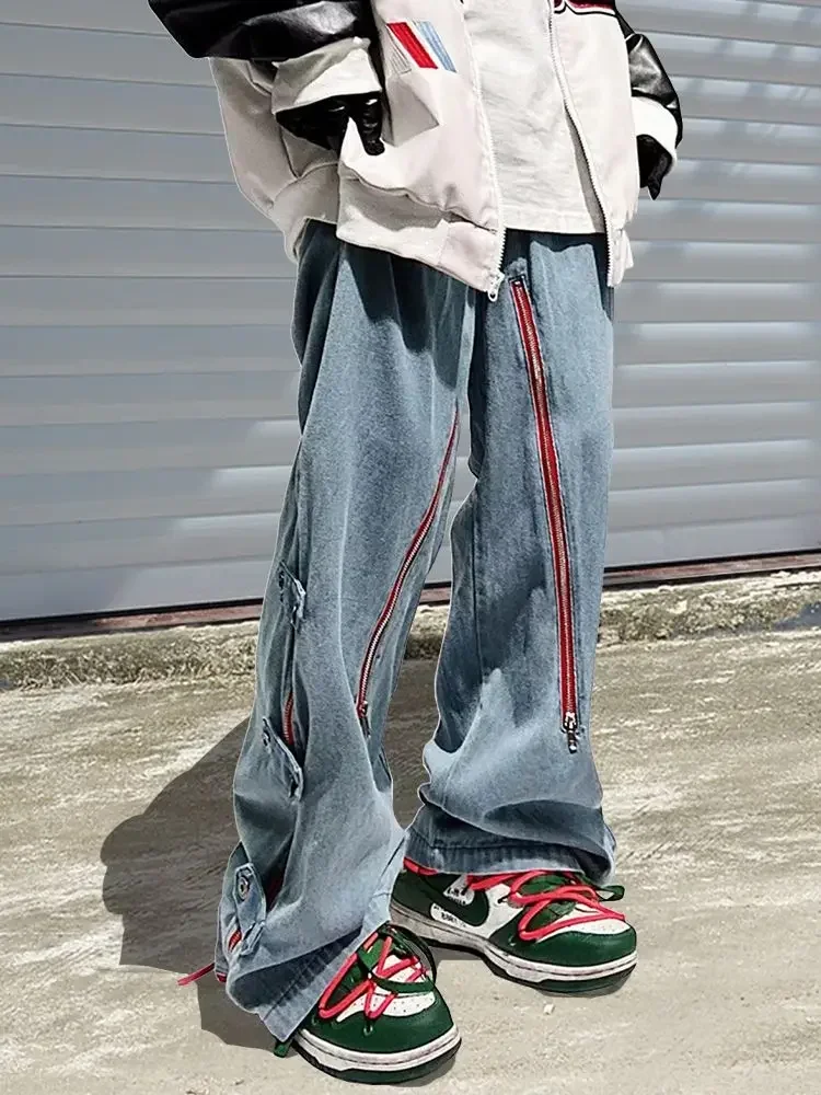 Goods Casual Haruku American Loose Punk Rock Straight Wide-Leg Pants Street Y2K Cargo Pants Retro Street Zipper Split Jeans smile