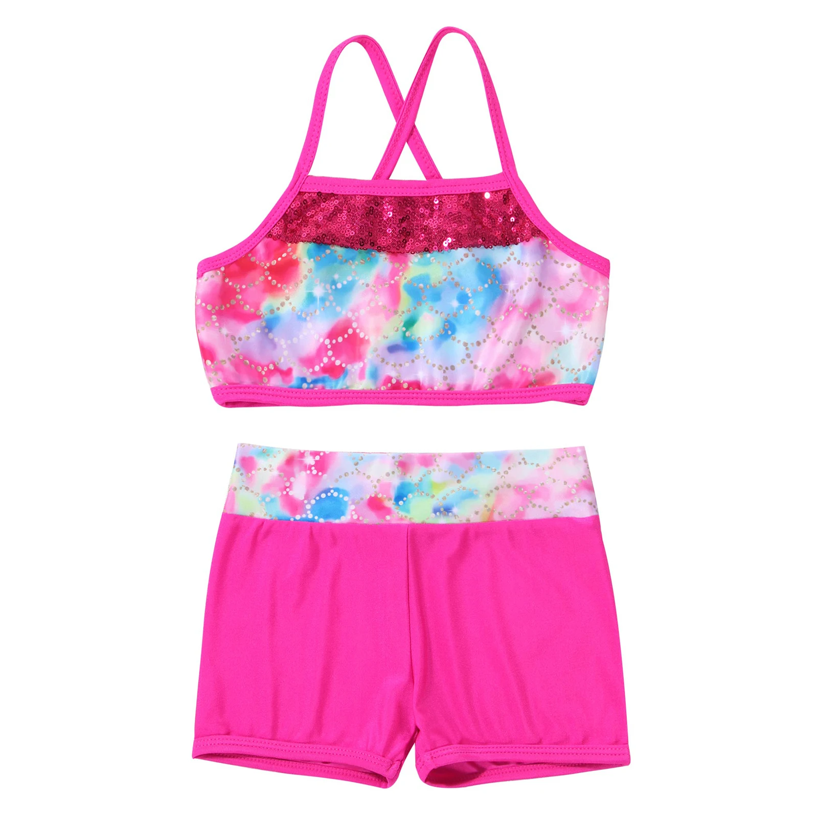 Kid Girls Two Pieces Swimwear Swimsuit Ballet Gymnastic Leotard Sequins Mermaid Printed Crop Tops with Short Sports Dance Outfit