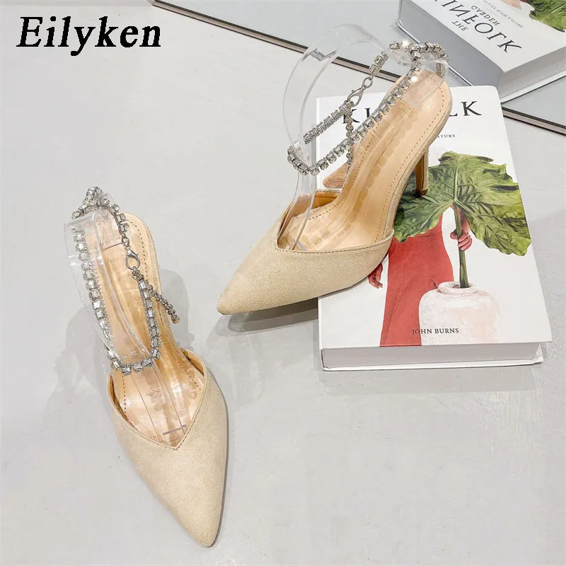 Eilyken Satin Pointed Toe Women Pumps Designer Crystal Chain Buckle Strap Thin High Heel Party Prom Slingback Female Shoes