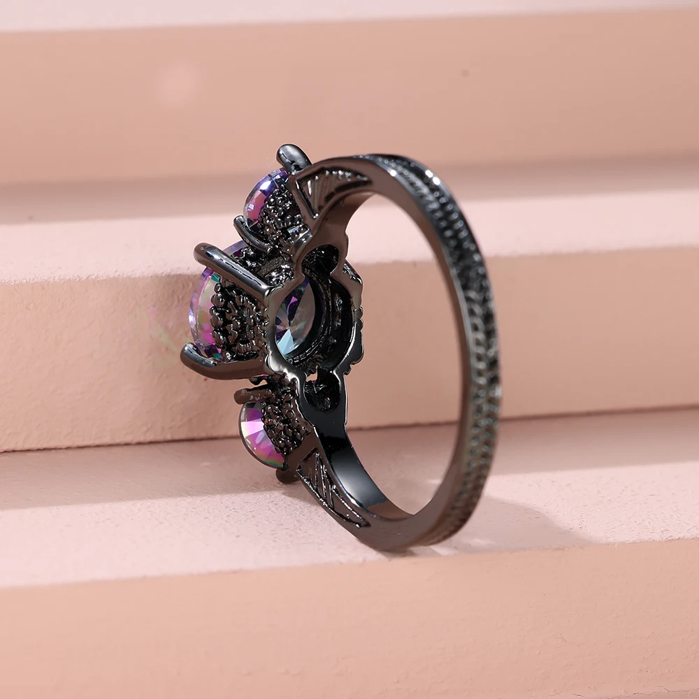 Mystic Rainbow Fire Zircon Round Wedding Bands Black Gold Color Vintage Female Promise Engagement Rings For Women Party Jewelry