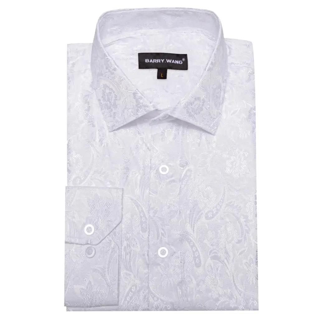 Luxury Silk Shirts for Men White Floral Long Sleeve Slim Fit Male Blouese Casual Tops Formal Streetwear Breathable Barry Wang