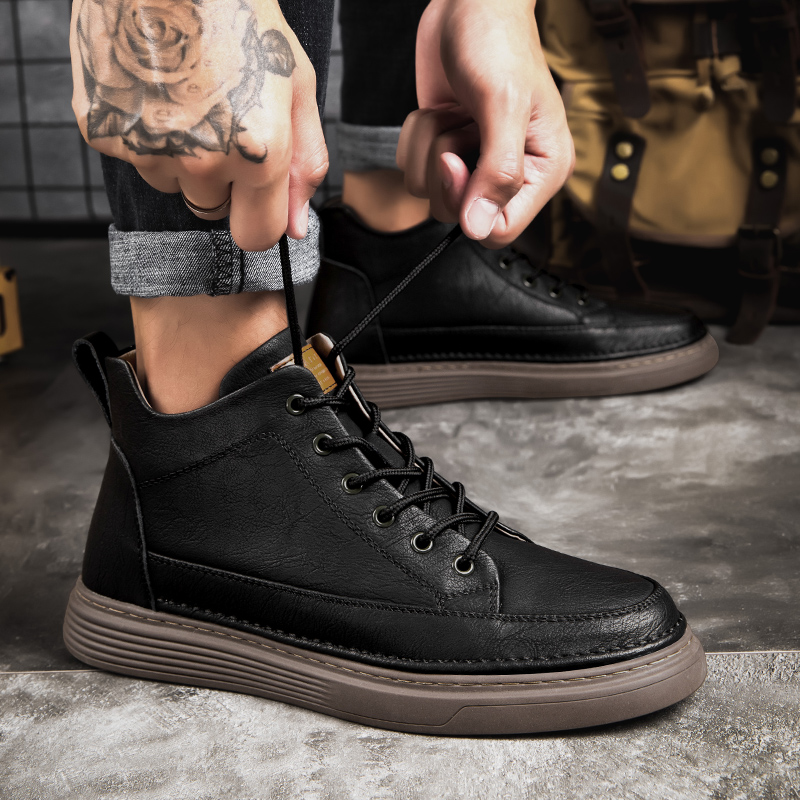 Ankle Spring Outdoor Leather High Quality High-waisted Sports Thick Sole Men Boots Elastic Strap Casual Shoes bd3f -waisted