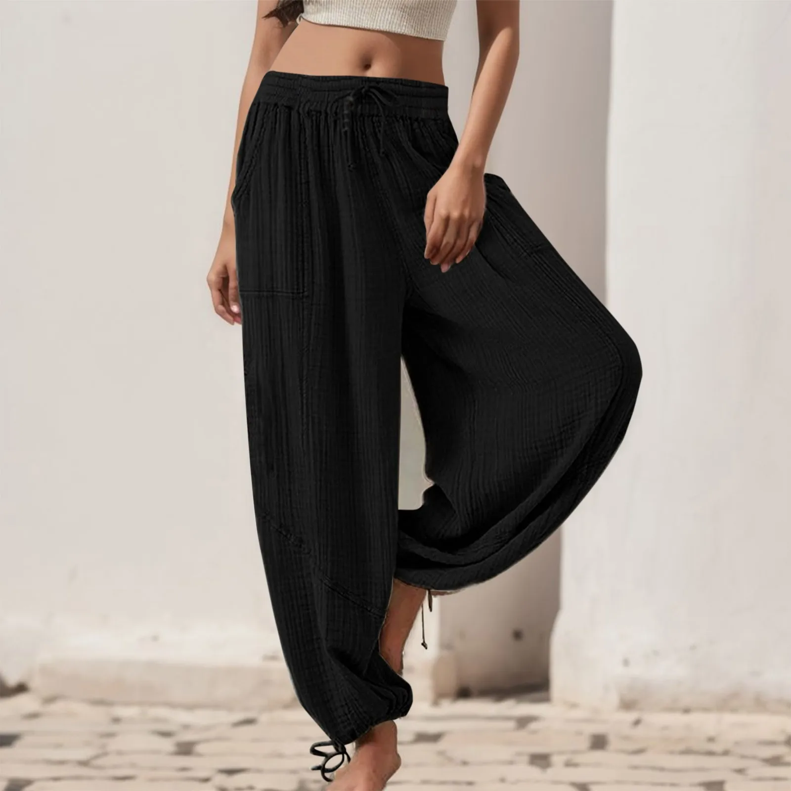 Women's Pants Loose Solid Elastic Waist Pocket Harem Pants Summer Vintage Boho Beach Trousers High Waist Wide Leg Pants