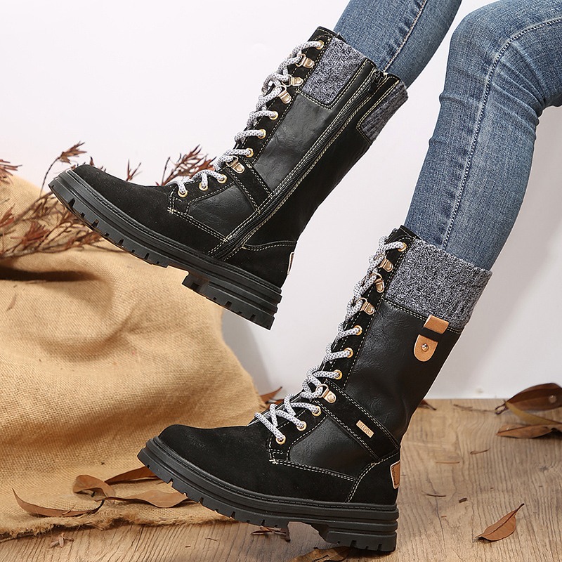 Patchwork Vintage Motorcycle Women Autumn Winter Lace Up Platform Mid Calf Boots New Woman Plus Size Non-Slip Riding Booties 92d3