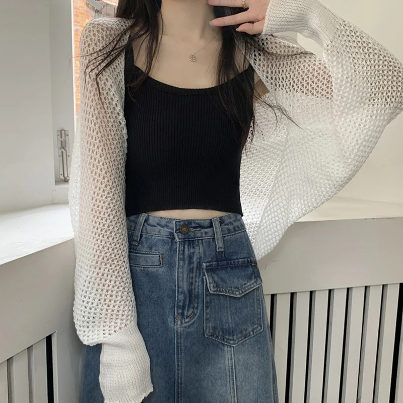Women's Open new Front Knit Cardigan Long 2025 Sleeve Hollow Out Solid Color Loose Crop Tops