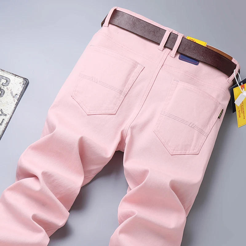 Trendy Men Handsome Denim Jeans Straight Slim Casual Pants Red Yellow Pink Solid Color Party Hip Hop Brand Dropship