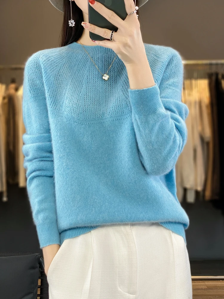 100% Merino Wool Sweater Women Autumn Winter Pullovers O-Neck Hollow Long Sleeves Cashmere Knitwear Female Basic Bottoming Shirt