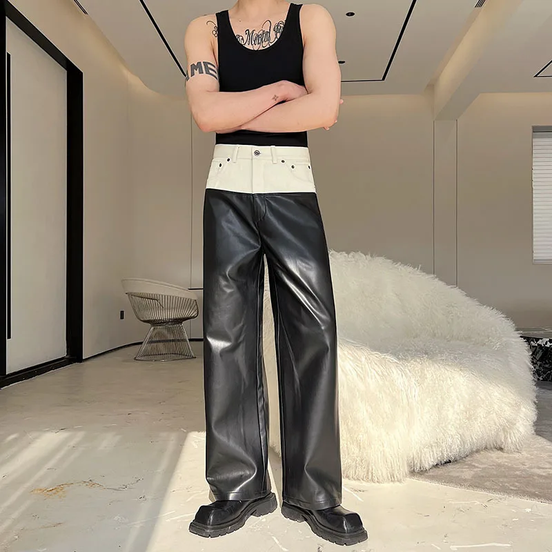IEFB Designer 2025 Denim Matching PU Leather Color Contrast Versatile Straight Pants new 2023 Wide Leg Male Trousers High Street 9A7434