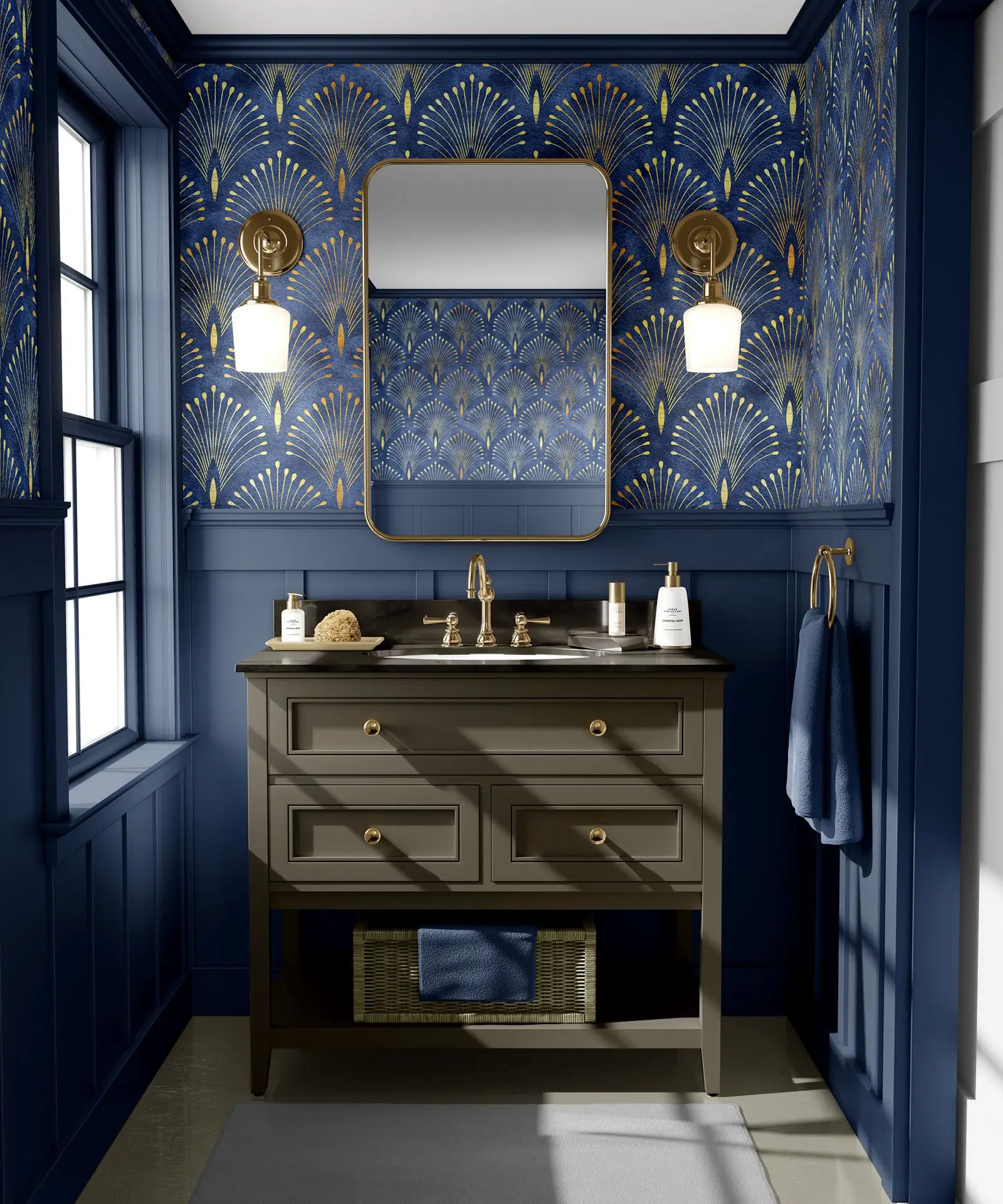 Dark Blue Gold Effect Art Deco Self Adhesive Wallpaper,Removable 2025 Vintage Wall Decor, Peel and new Stick Wall Paper