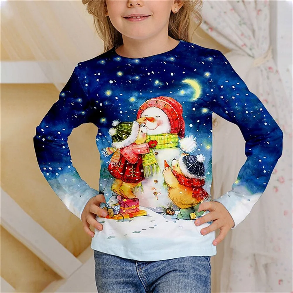 T-Shirt With Cats For Children Halloween Christmas Tree T Shirts Cat Snowman Girly Clothes From 6 To 14 Years White Kawaii Tees